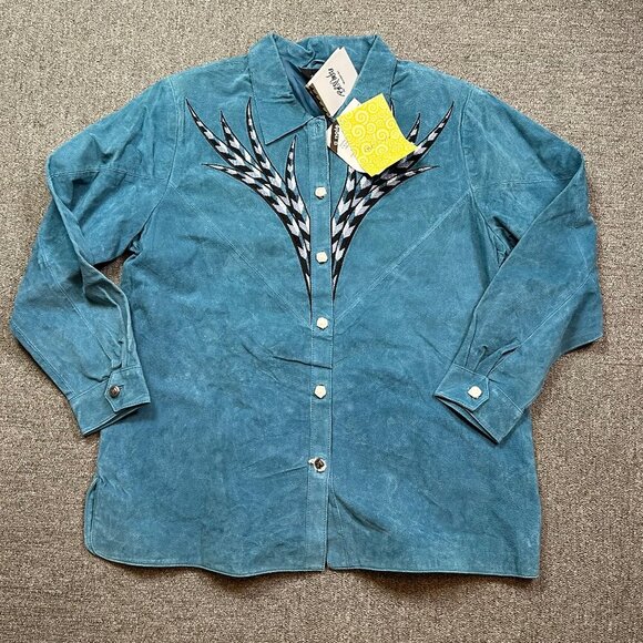 Bob Mackie Wearable Art NWT Leather Embroidered Western Shacket Teal Blue Sz 1X